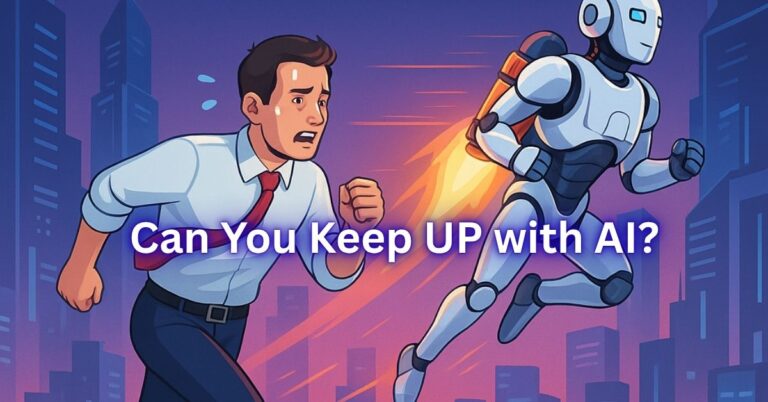 A digital illustration of a businessman in office attire sweating while running on a treadmill in a futuristic city, as a humanoid robot with a jetpack effortlessly speeds past him in the sky. The scene visually represents the rapid pace of AI evolution compared to human learning, with the caption “Can You Keep Up With AI?” above.