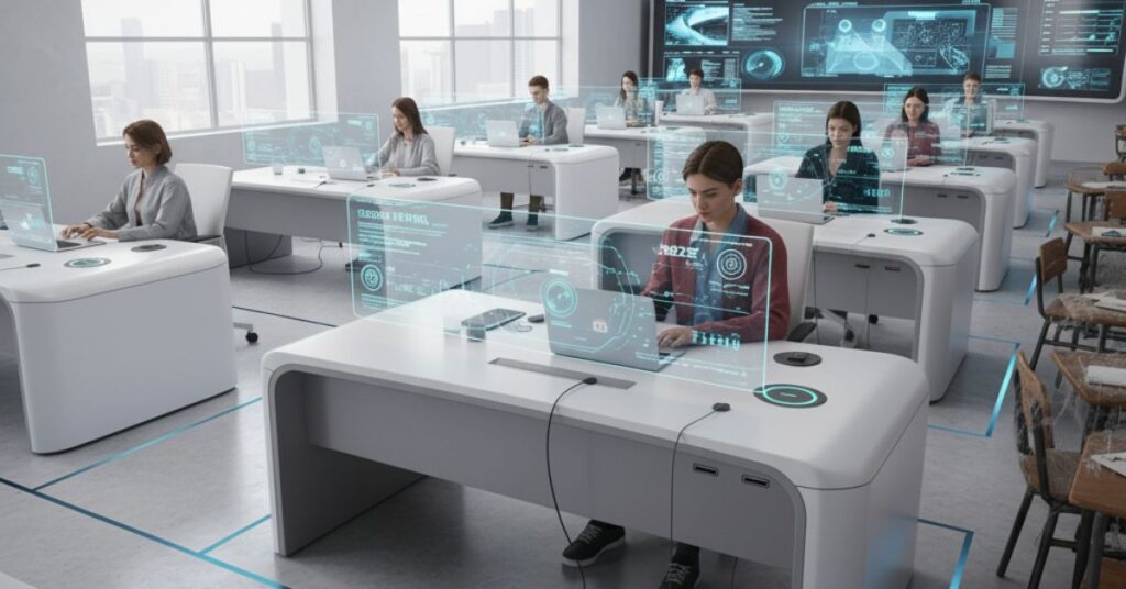 Future classroom vibes: AI-powered ergonomic desks and engaged students. Learning redefined!