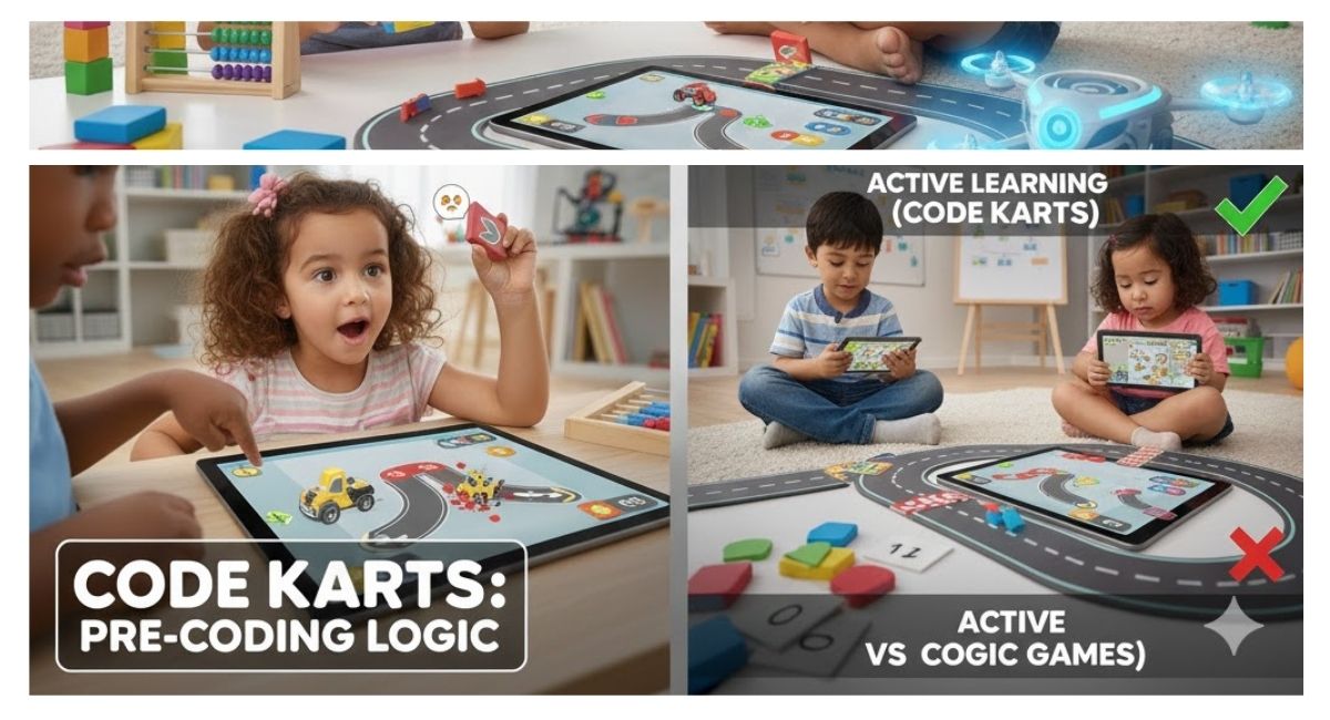Code Karts racing game interface showing pre-coding logic blocks for toddlers.